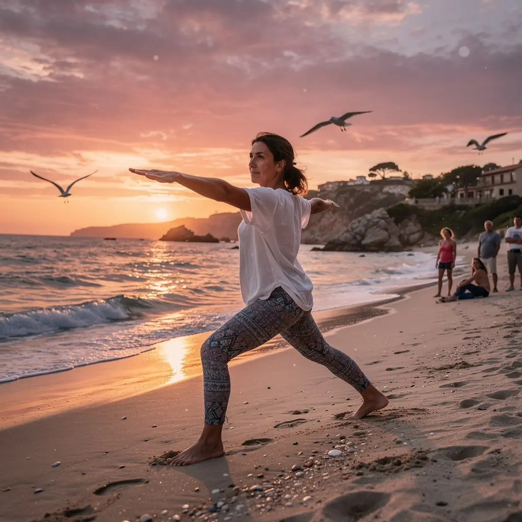 Una mujer realizando una postura de yoga en la playa al amanecer, simbolizando la tranquilidad.