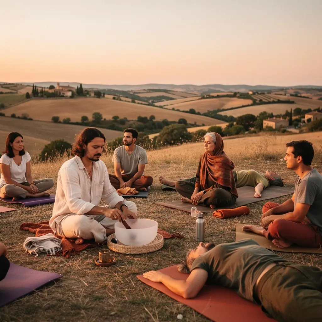 Un grupo de personas en una clase de yoga, compartiendo risas y reflexiones, reflejando la importancia de la comunidad en el autodescubrimiento.