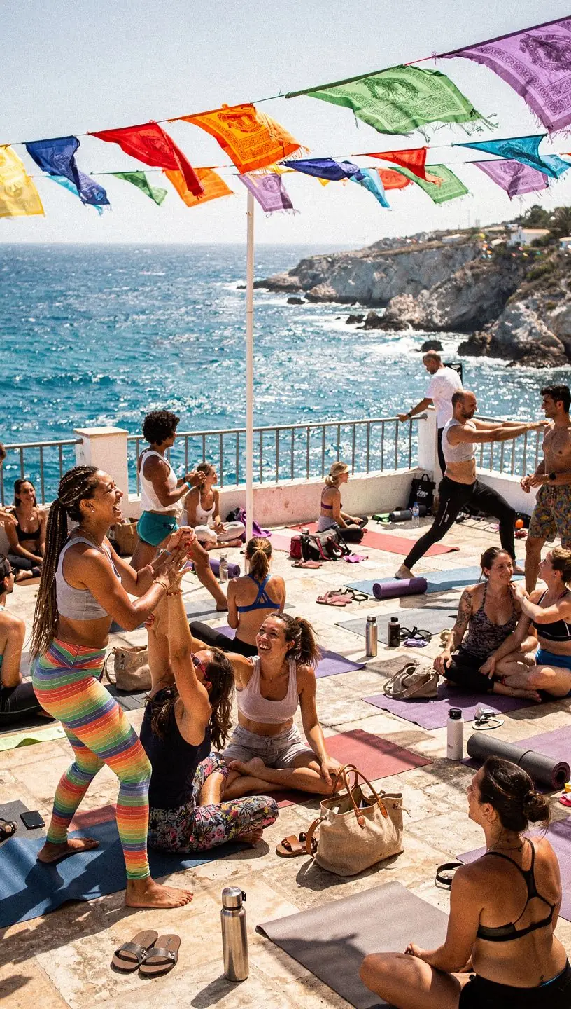 Una mujer practicando una postura de yoga en una playa al amanecer, representando la tranquilidad y la búsqueda de la paz interior.
