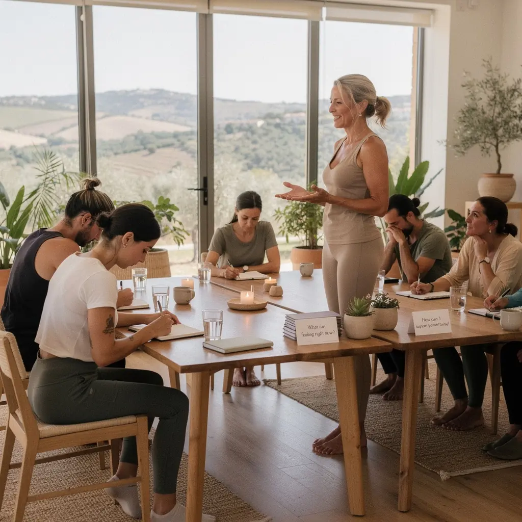 Una mujer practicando una postura de yoga en una playa al amanecer, representando la tranquilidad y la búsqueda de la paz interior.