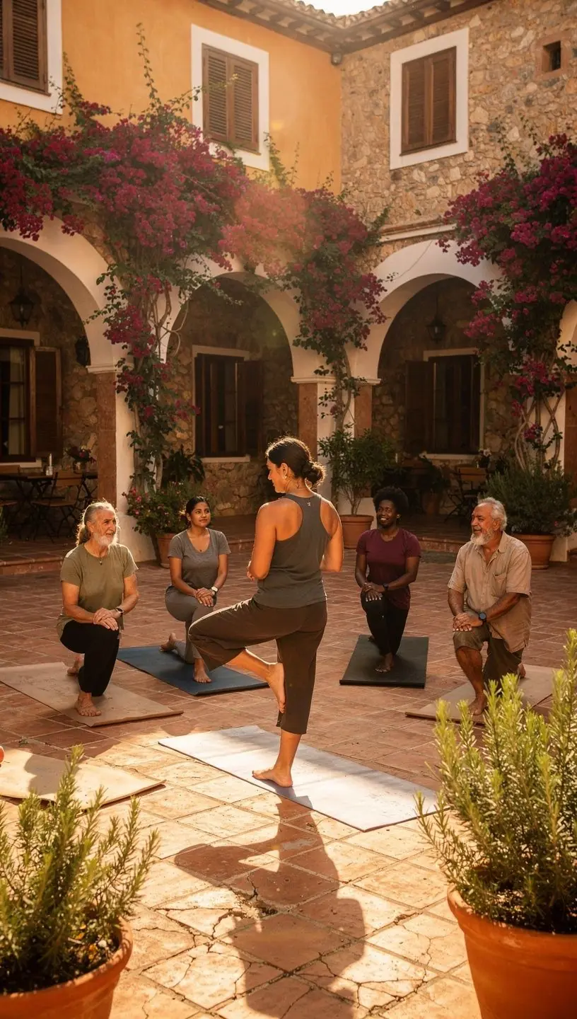 Una mujer practicando una postura de yoga en una playa al amanecer, representando la tranquilidad y la búsqueda de la paz interior.