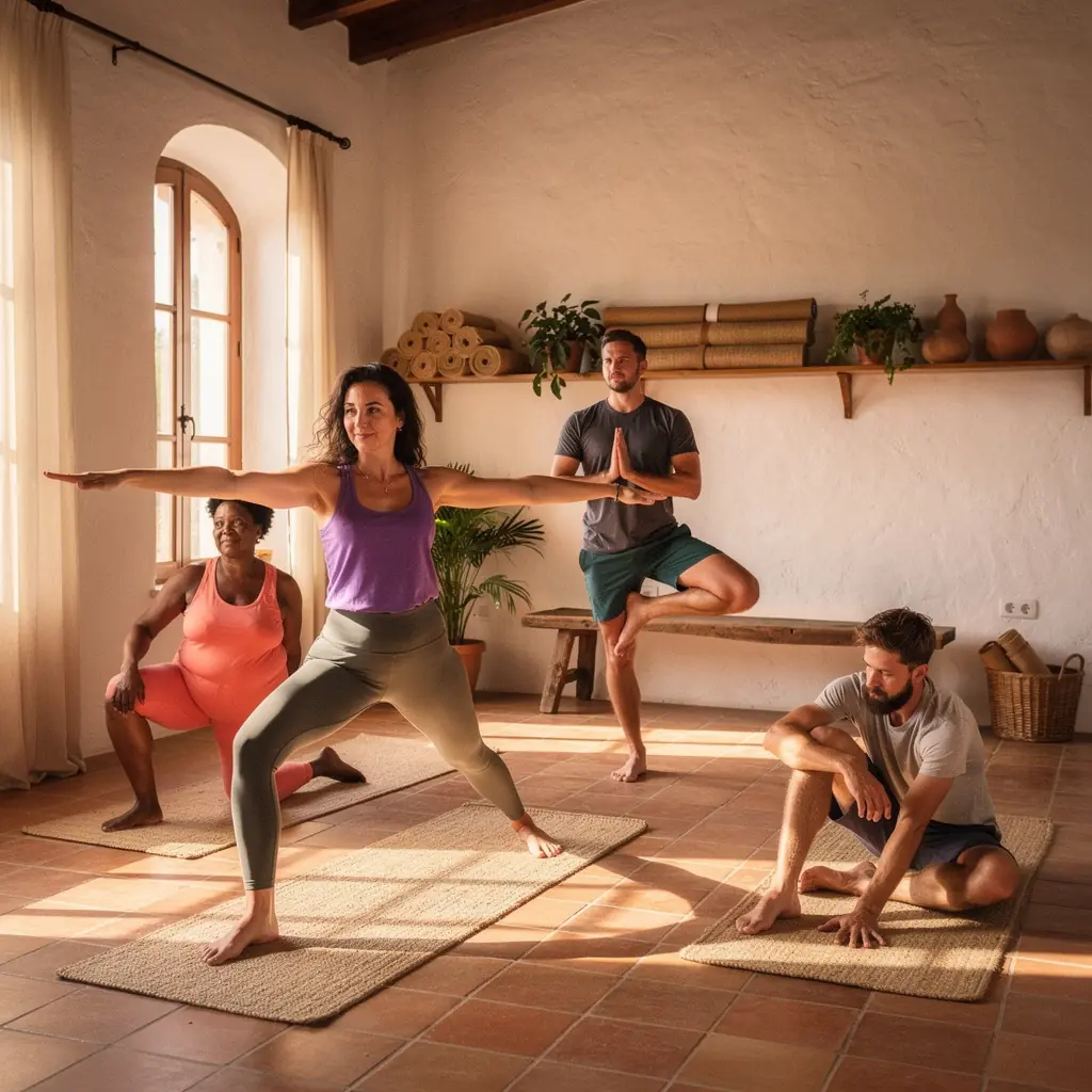 Una persona meditando en un entorno natural, rodeada de árboles y flores, simbolizando el crecimiento personal y la conexión con uno mismo.